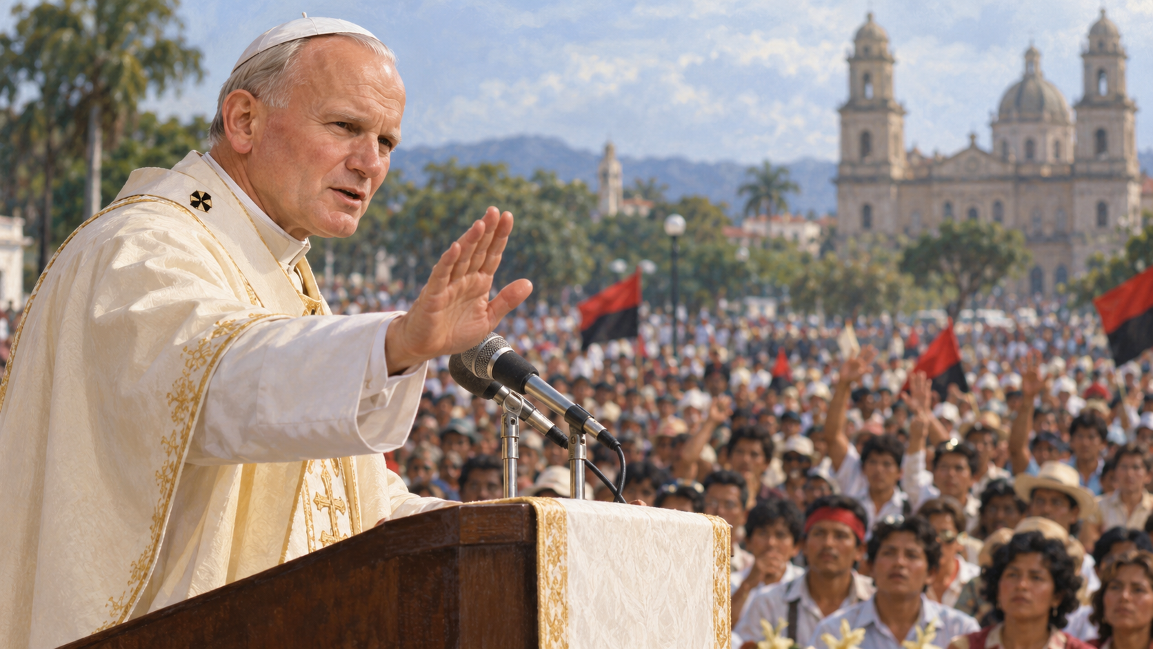 Papa João Paulo II pede silêncio durante a Santa Missa em Manágua, na Nicarágua