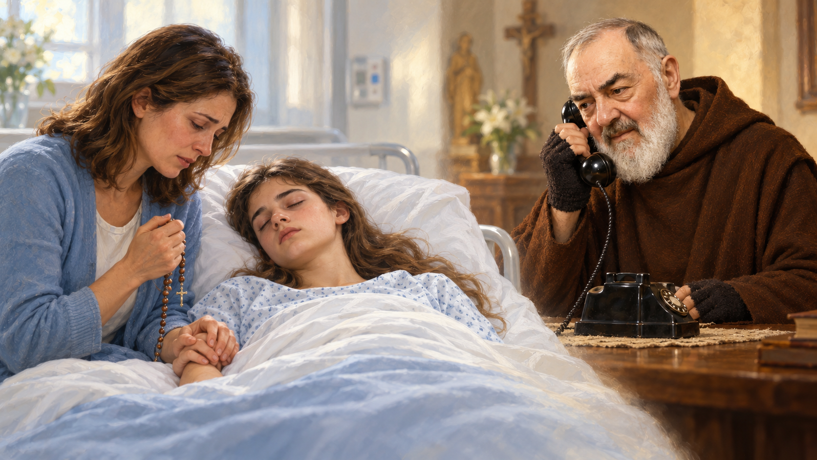 Mãe, filha e Padre Pio em oração