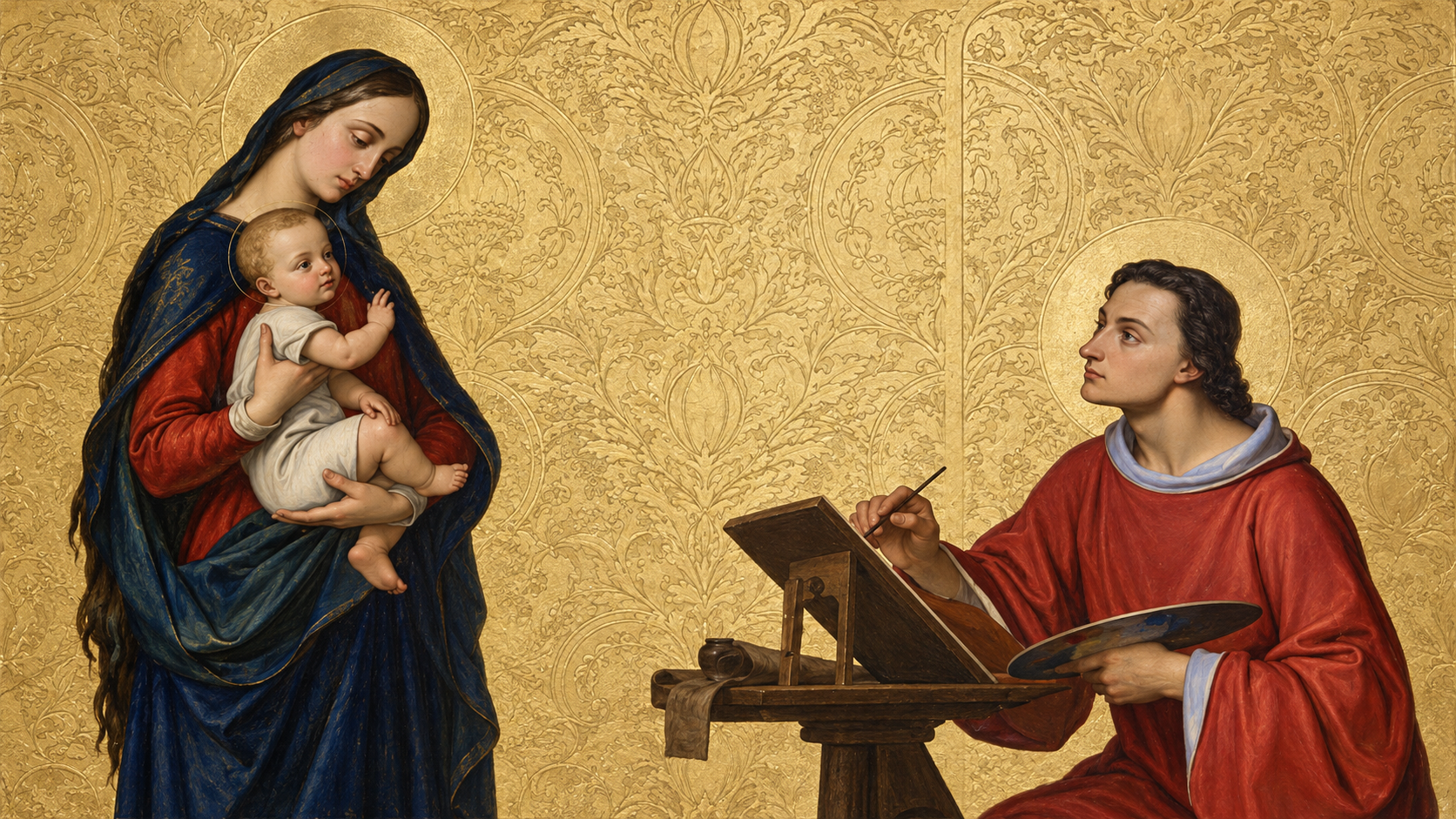 Nossa Senhora e São Lucas, tradicionalmente representado como pintor da Santíssima Virgem