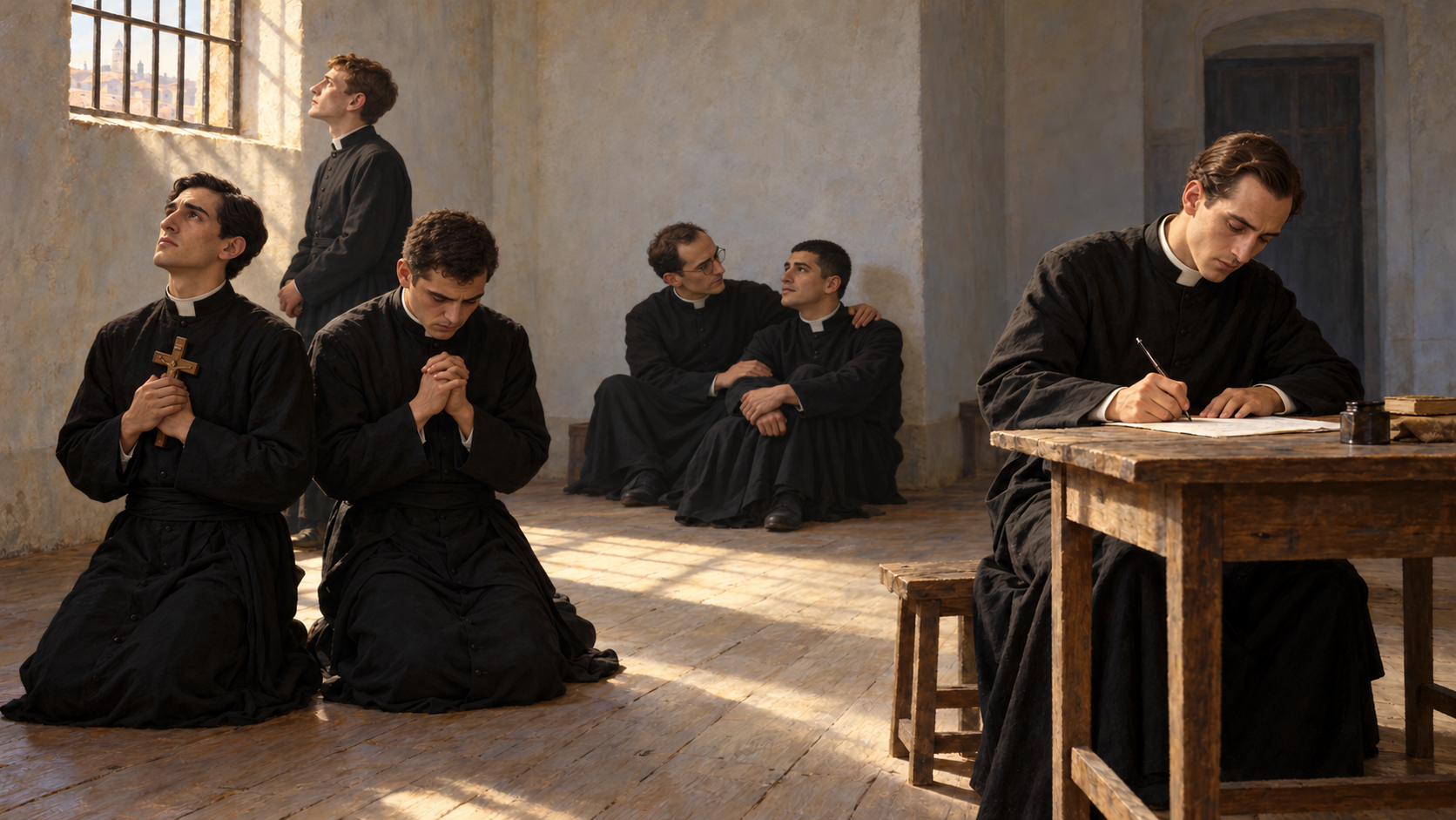 Seis religiosos reunidos em oração