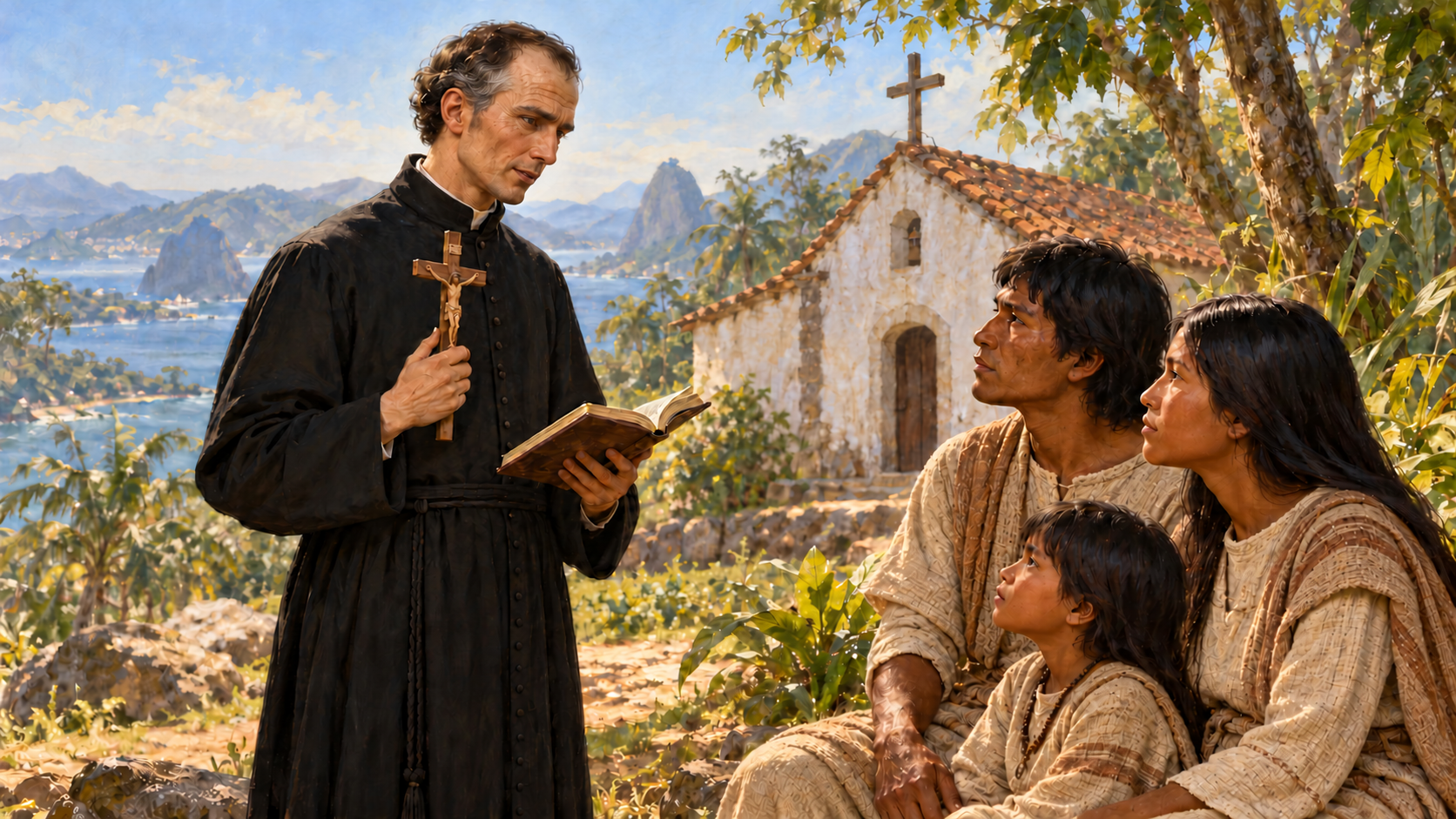 Padre Anchieta diante de uma família indígena