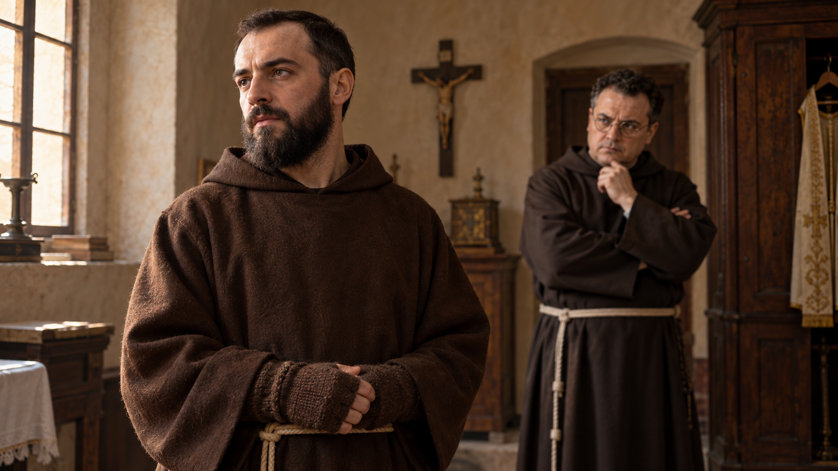 Ilustração de Padre Pio e do médico franciscano.