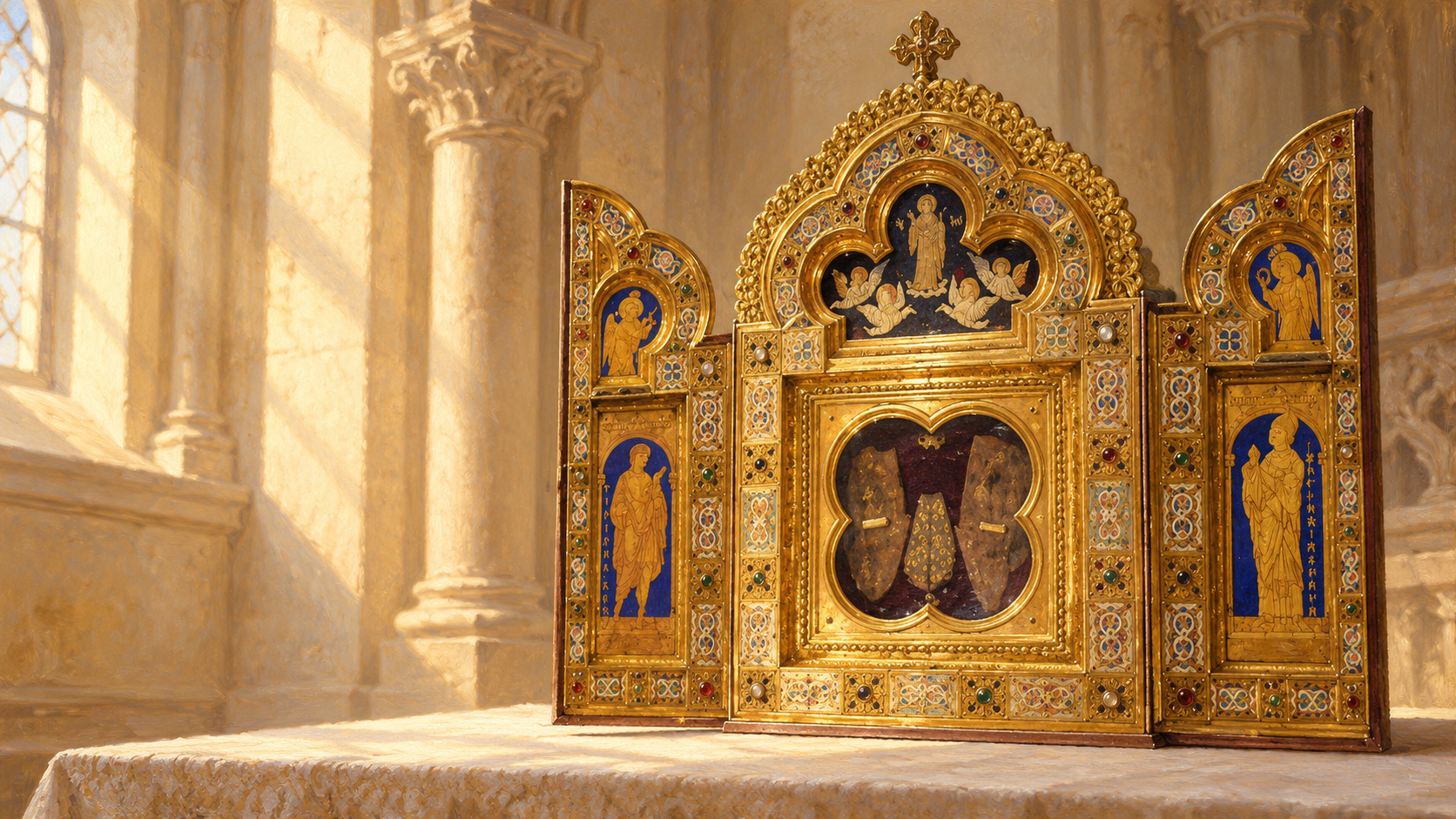 Relicário com fragmentos venerados como partes das sandálias de Jesus Cristo.