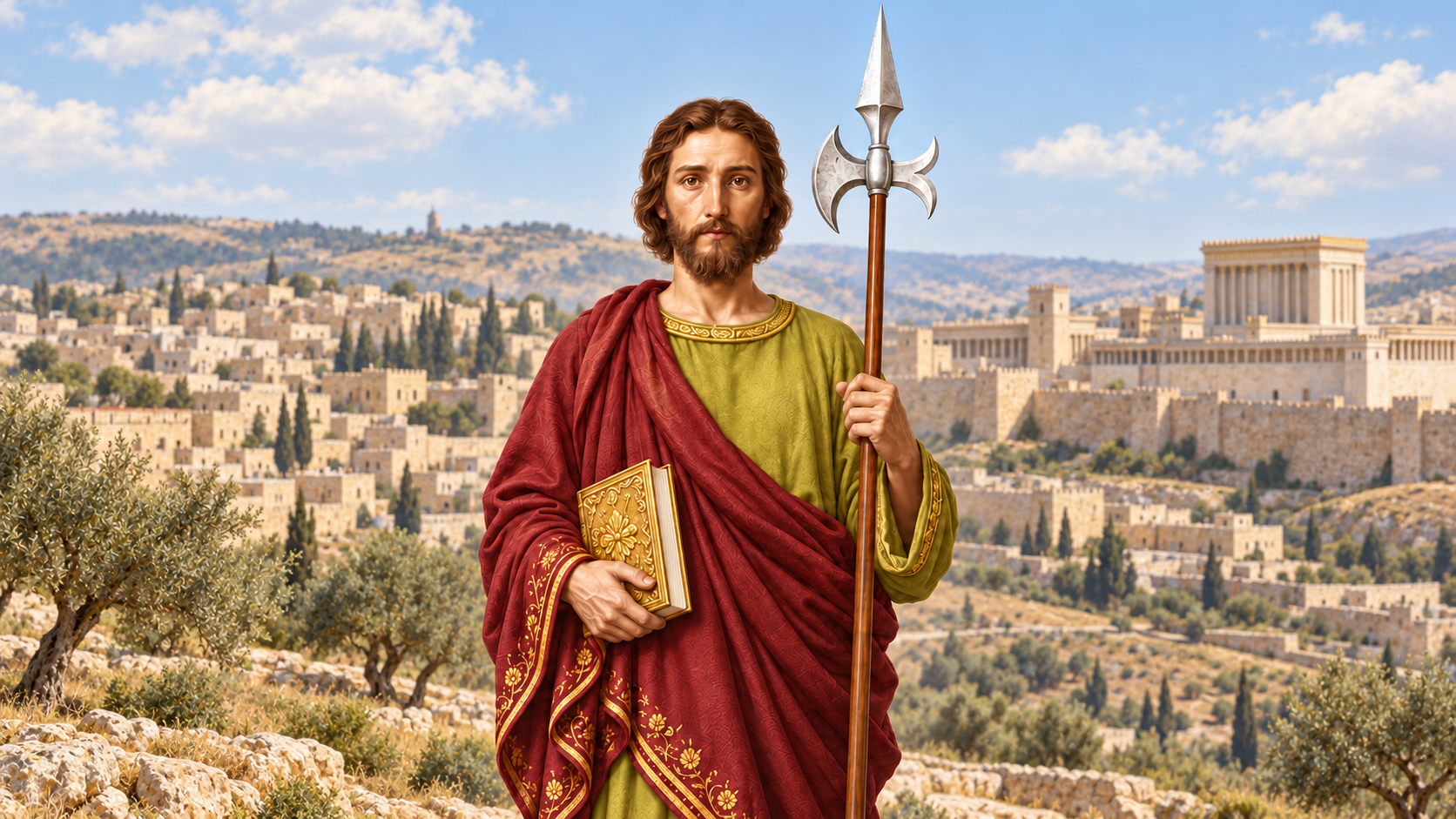 Representação de São Judas Tadeu diante de Jerusalém antiga