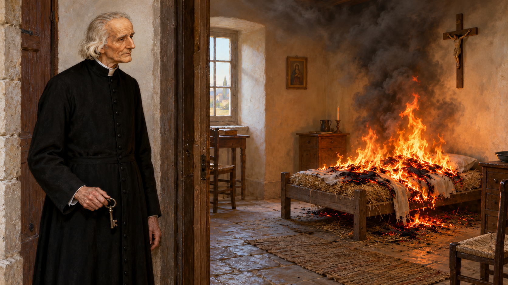 São João Maria Vianney diante de seu leito em chamas