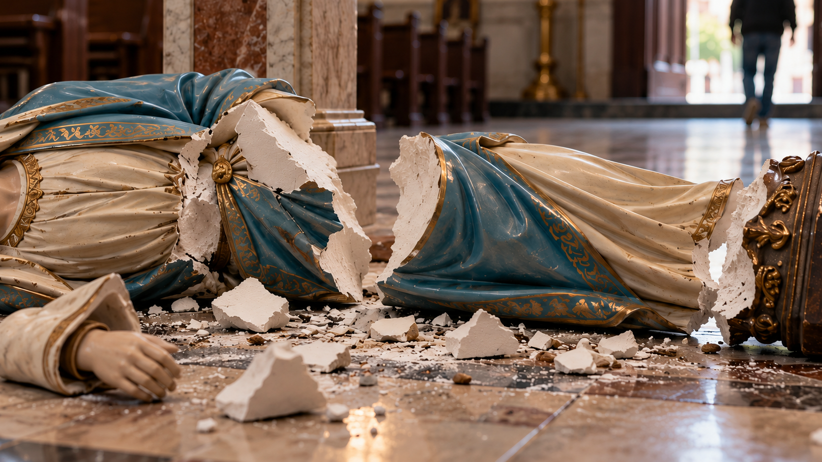 Ilustração de uma escultura religiosa danificada, representando ataques a imagens católicas no Brasil